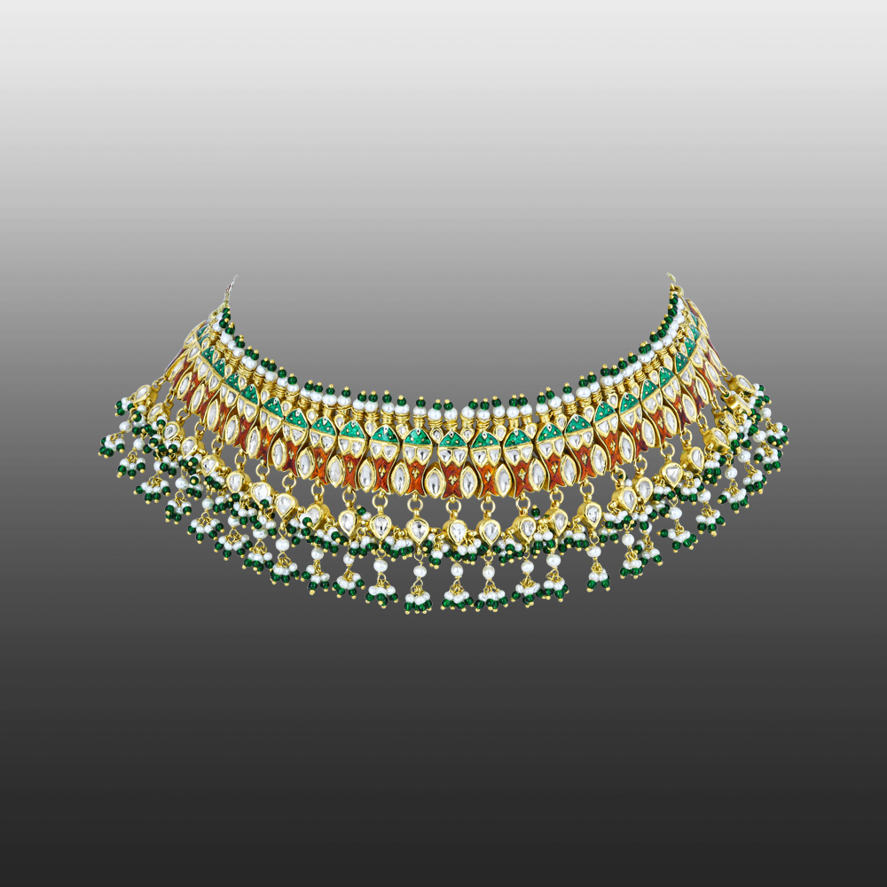 Red-Green Enamel Polki Choker with Green Beads and Pearl Clusters